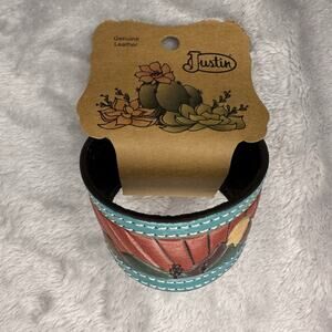 Justin Tooled Leather Cuff Bracelet Western Mountain Sunset Design Adjustable